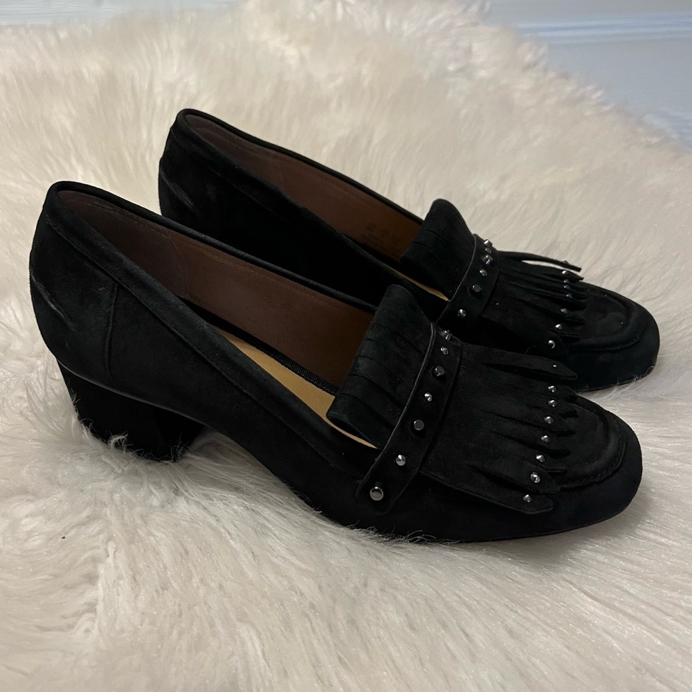 Franco Sarto Block Heel Black Suede Loafer Shoes With Fringe Stud Details Size 8
